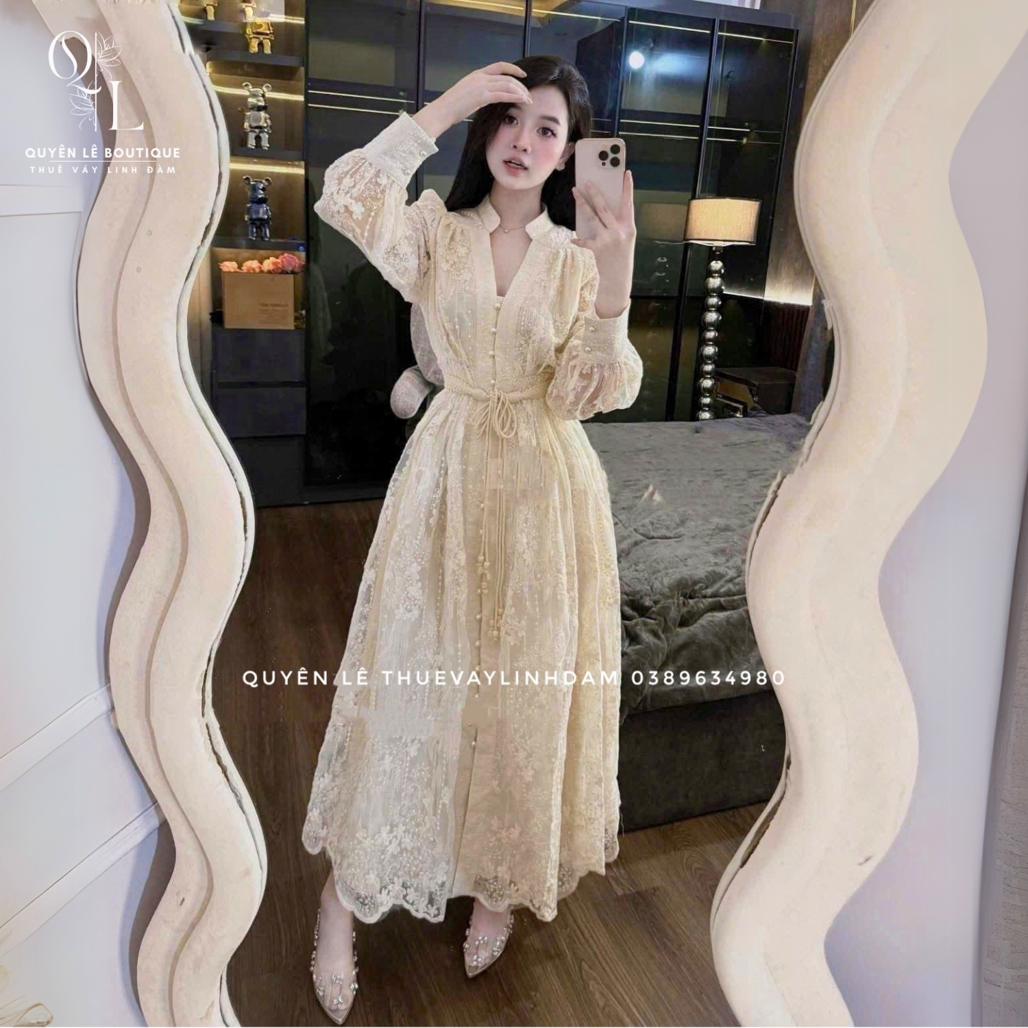 2767 Tiệc dài kem cổ chữ V