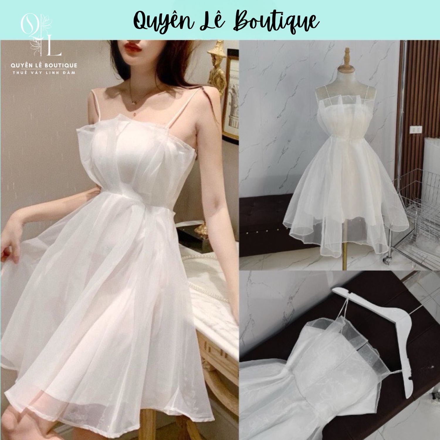 1716 Tiệc dài trắng bồng 2 dây