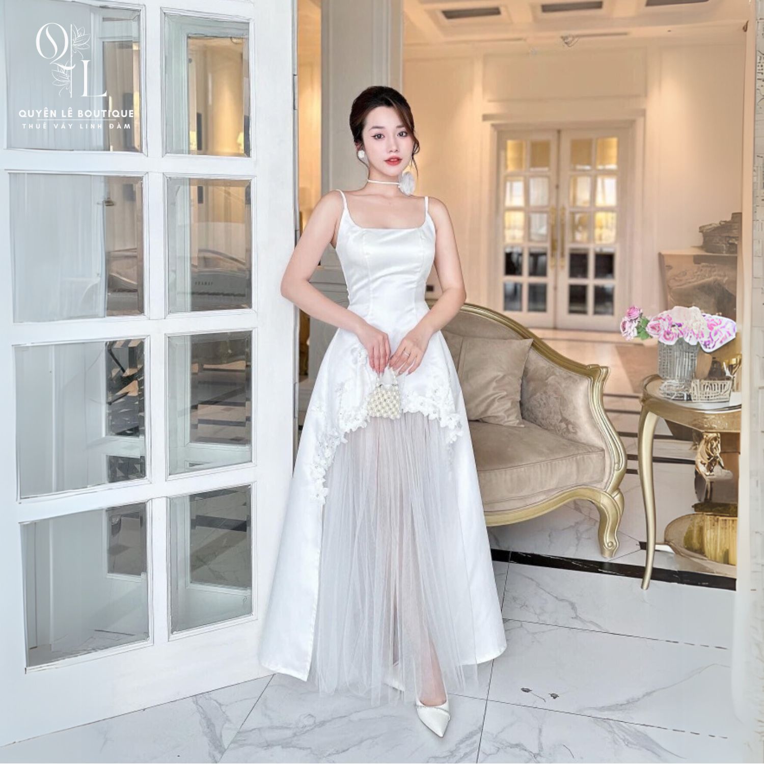 363 cc Tiệc dài trắng 2 dây voan
