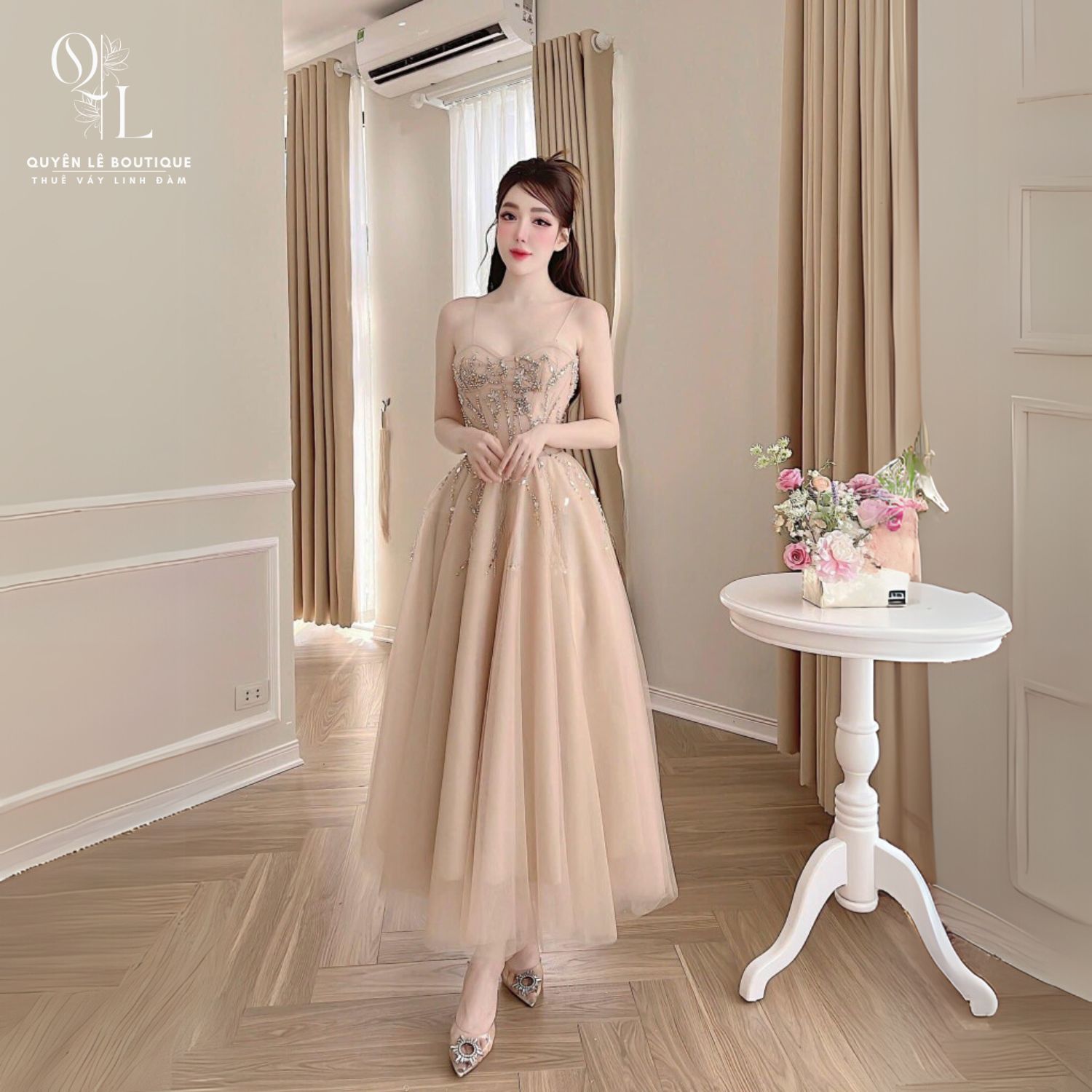 410 cc Tiệc dài nâu váy 2 dây