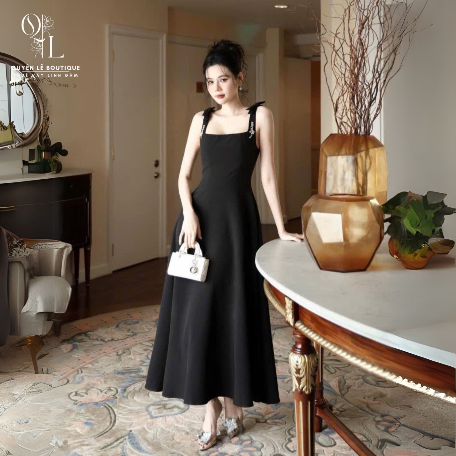 416 cc Tiệc dài đen 2 dây flane