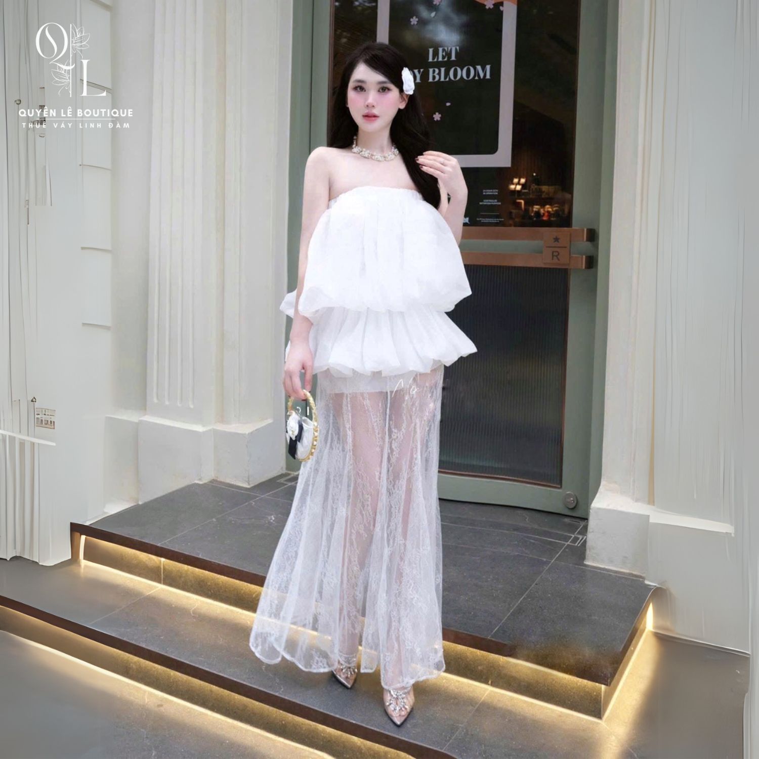 Set tiệc dài trắng cúp ngực Freesize