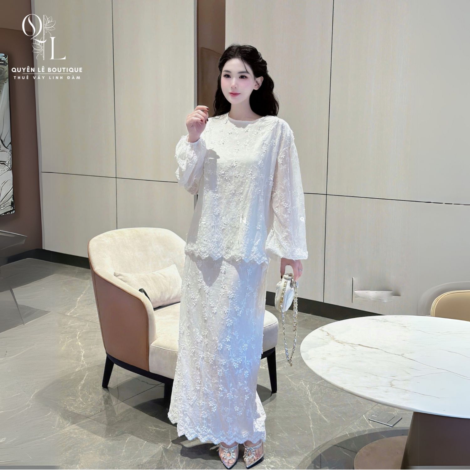 Set tiệc dài trắng size M