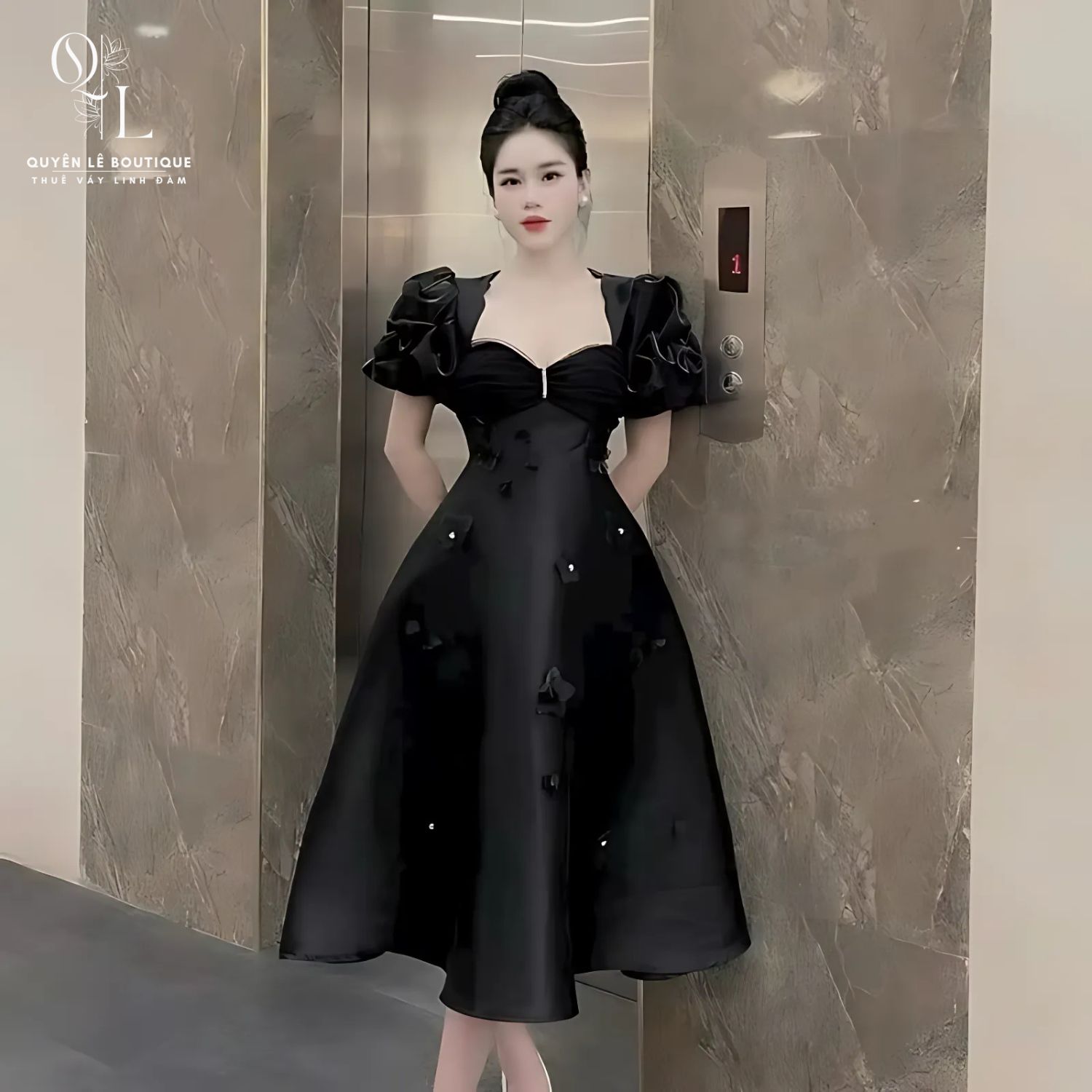 2160 Tiệc dài đen vai bồng