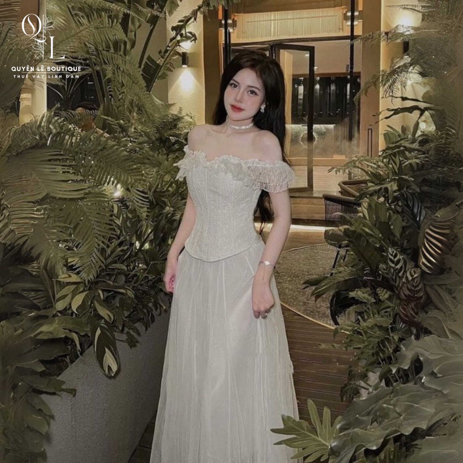 1701 Tiệc dài set kem trễ vai size M