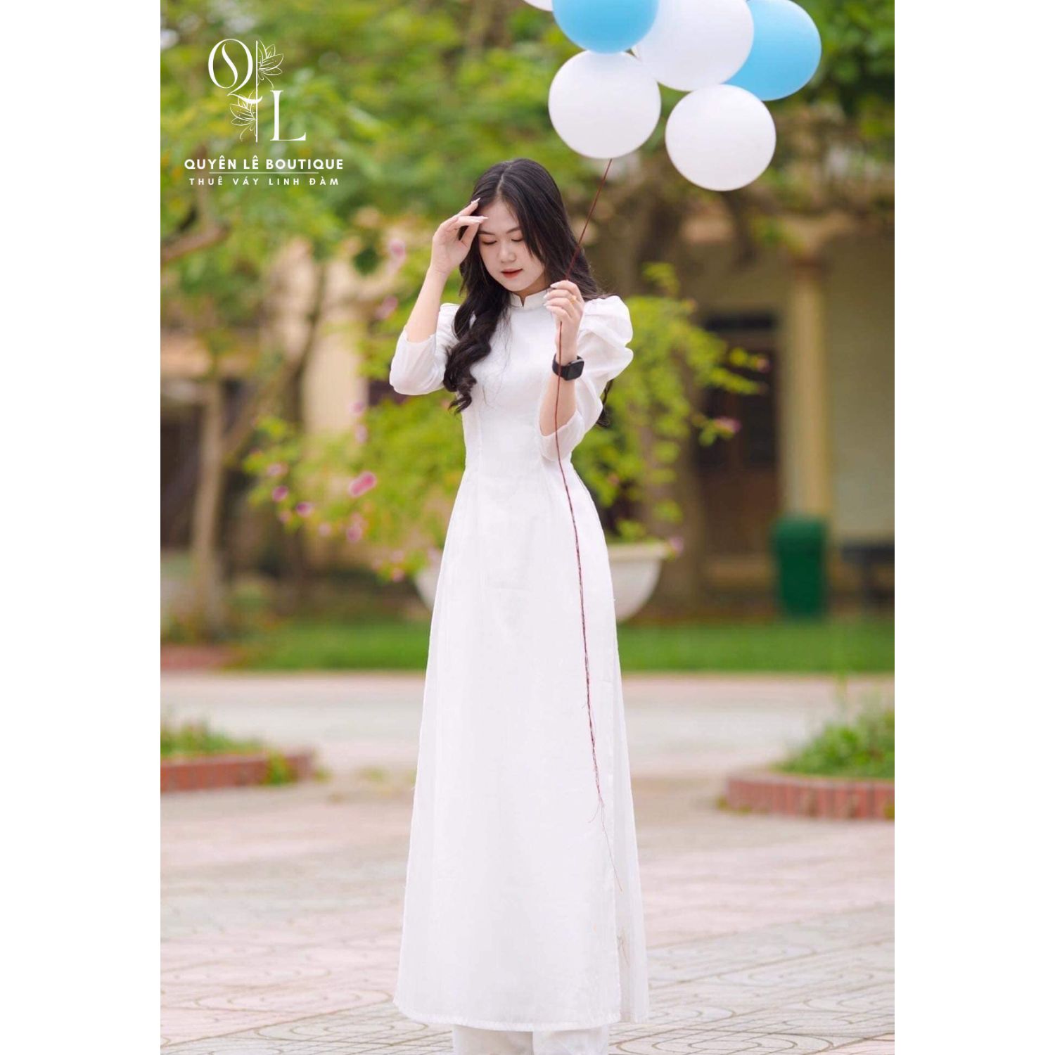 3065 Áo dài trắng tay bồng tơ