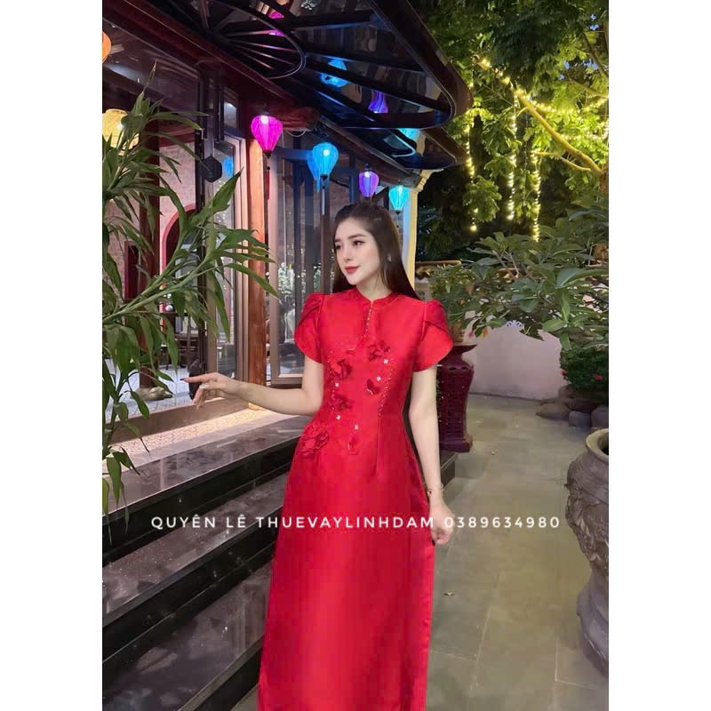 533 Áo dài đỏ hoa trắng size XL