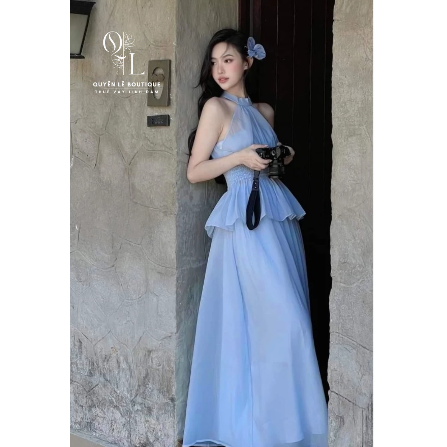 2982 Set váy du lịch xanh đầm cổ yếm nhún eo