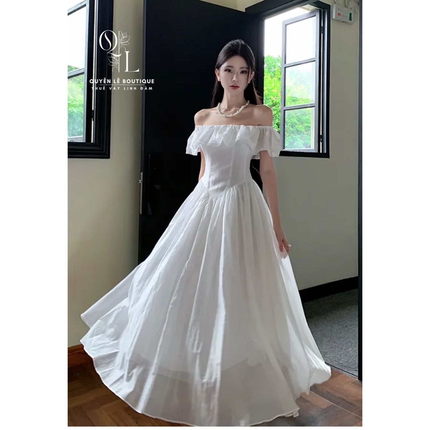 2880 Váy du lịch dài trắng trễ vai