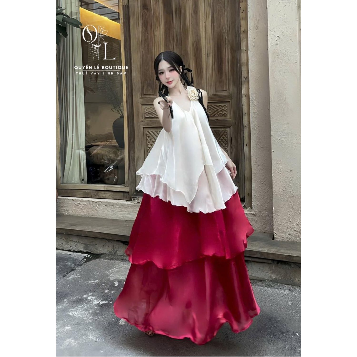 2834 Du lịch dài set kem đỏ yếm