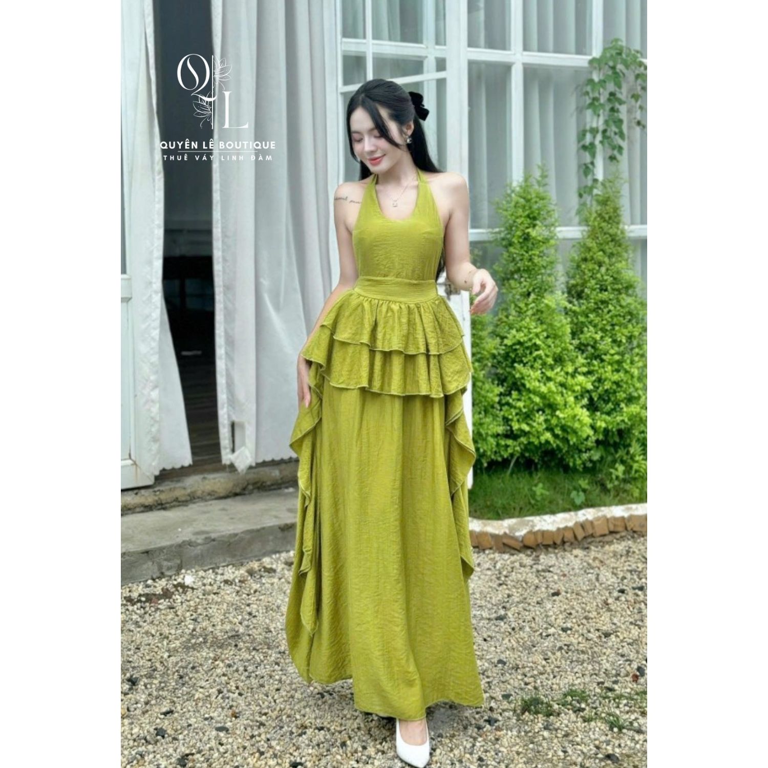 2831 Váy du lịch dài xanh rêu bồng