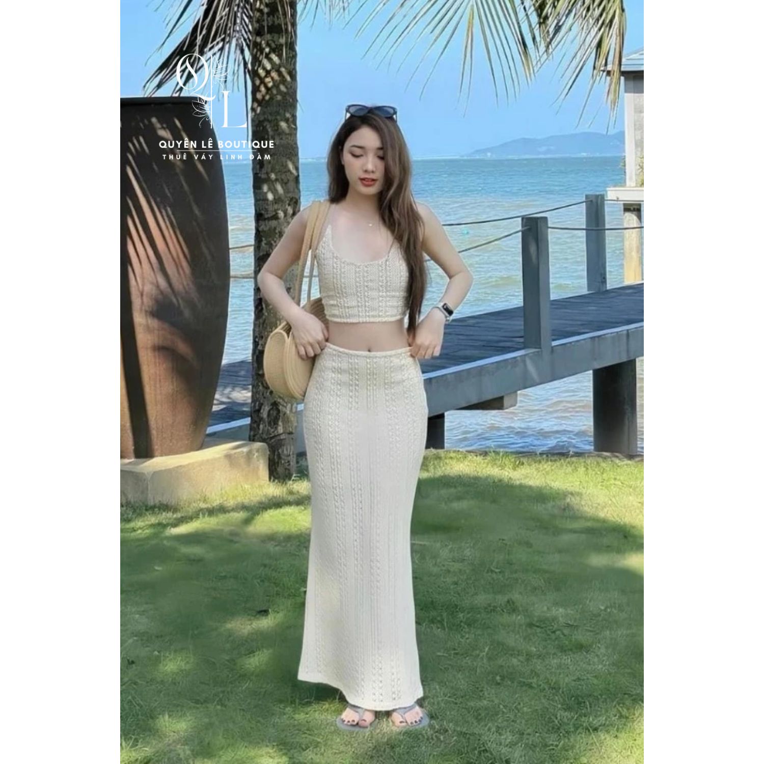 1751 Set váy du lịch dài kem