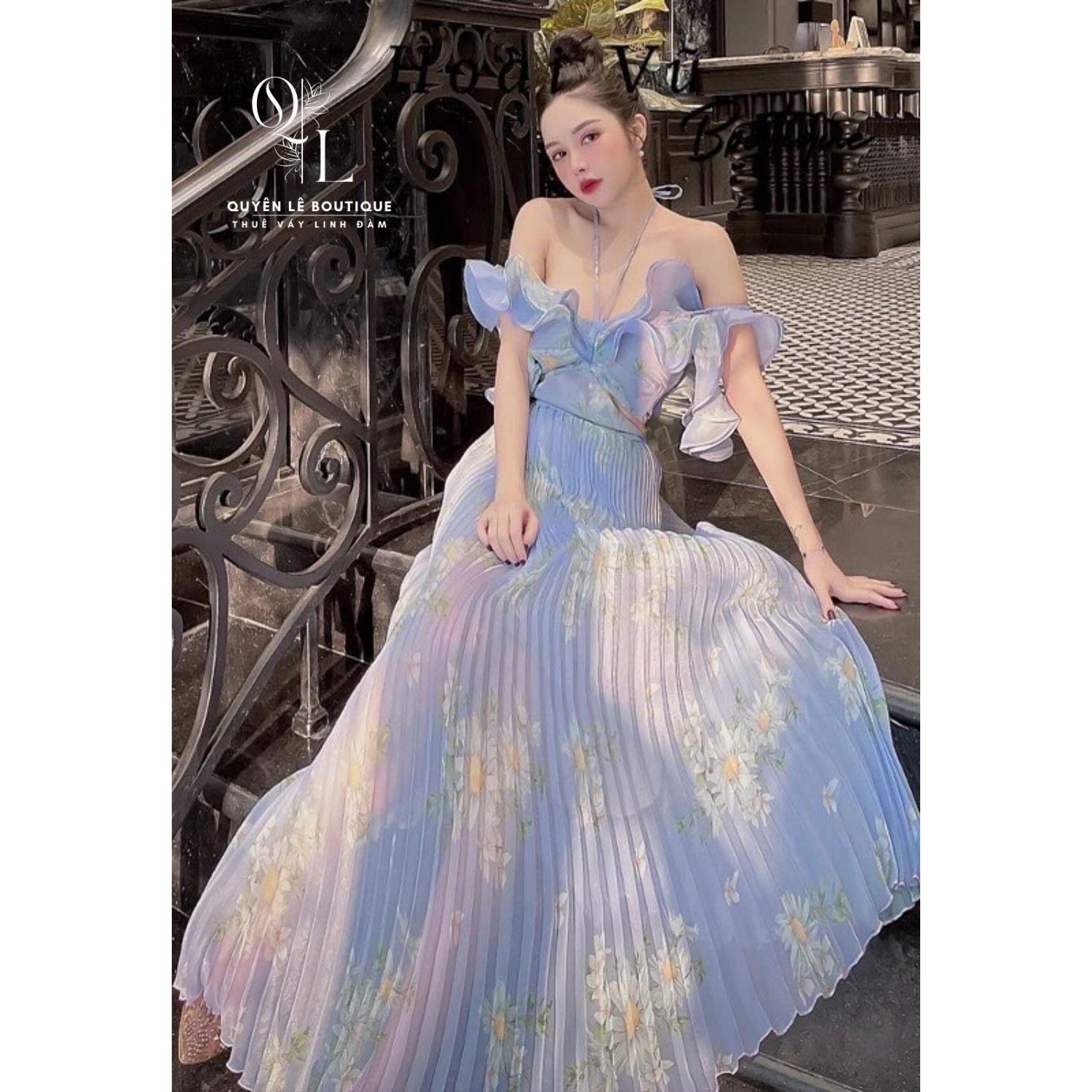 1609 Váy du lịch tím khoét eo xếp ly