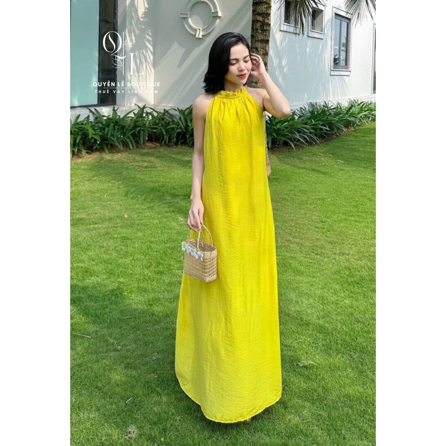 962 Váy du lịch dài xanh yếm