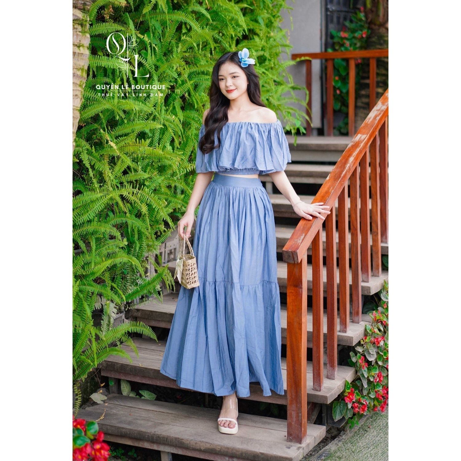 1623 Set váy du lịch xanh trễ vai