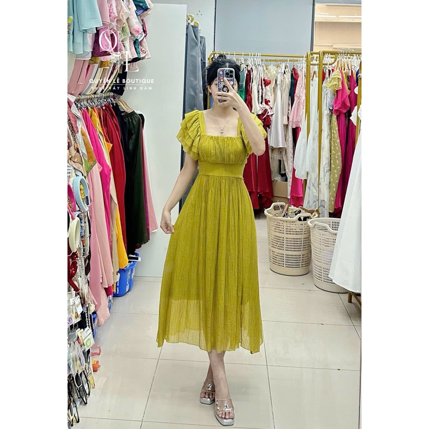 1659 Váy du lịch dài xanh đậm nhún
