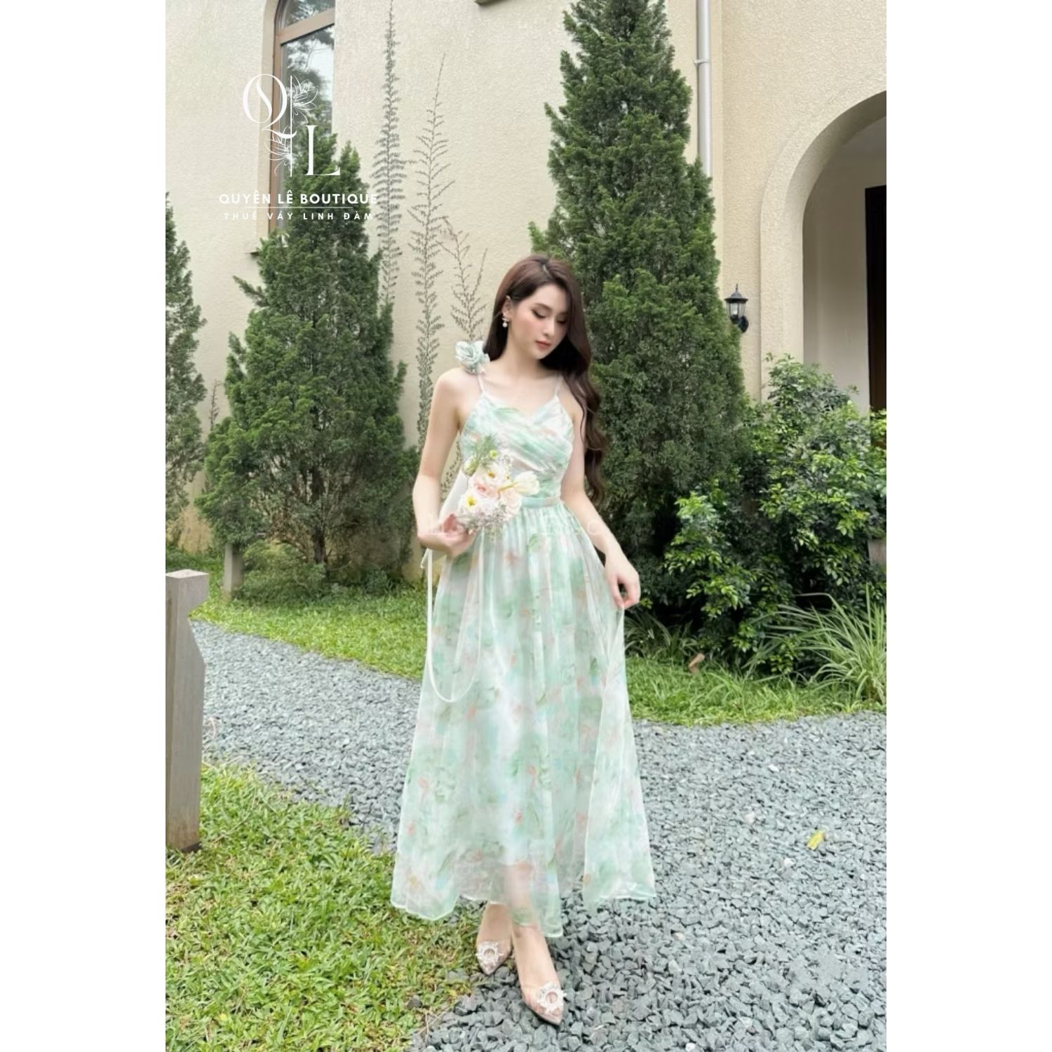 905 Váy du lịch dài xanh hoa 2 dây