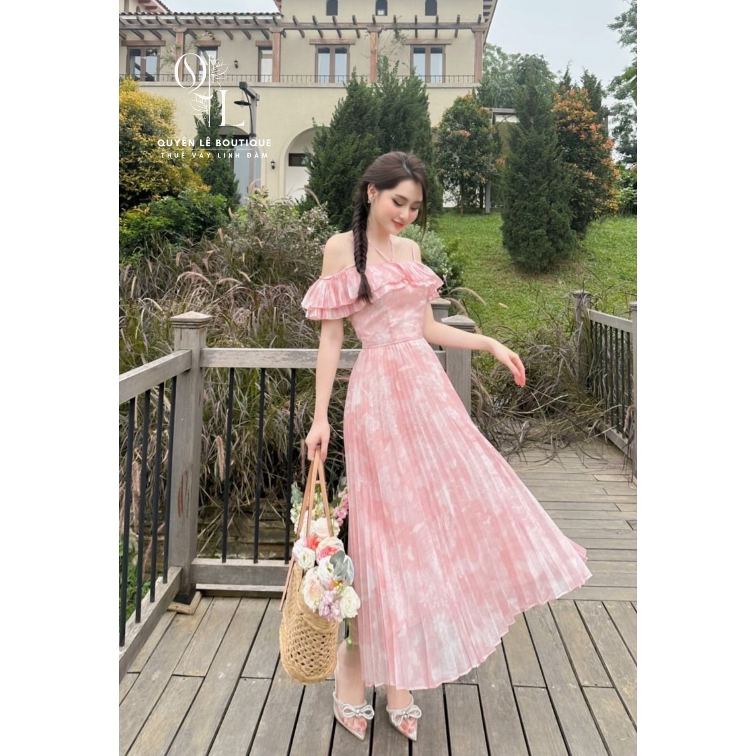 919  Váy du lịch dài hồng 2 dây
