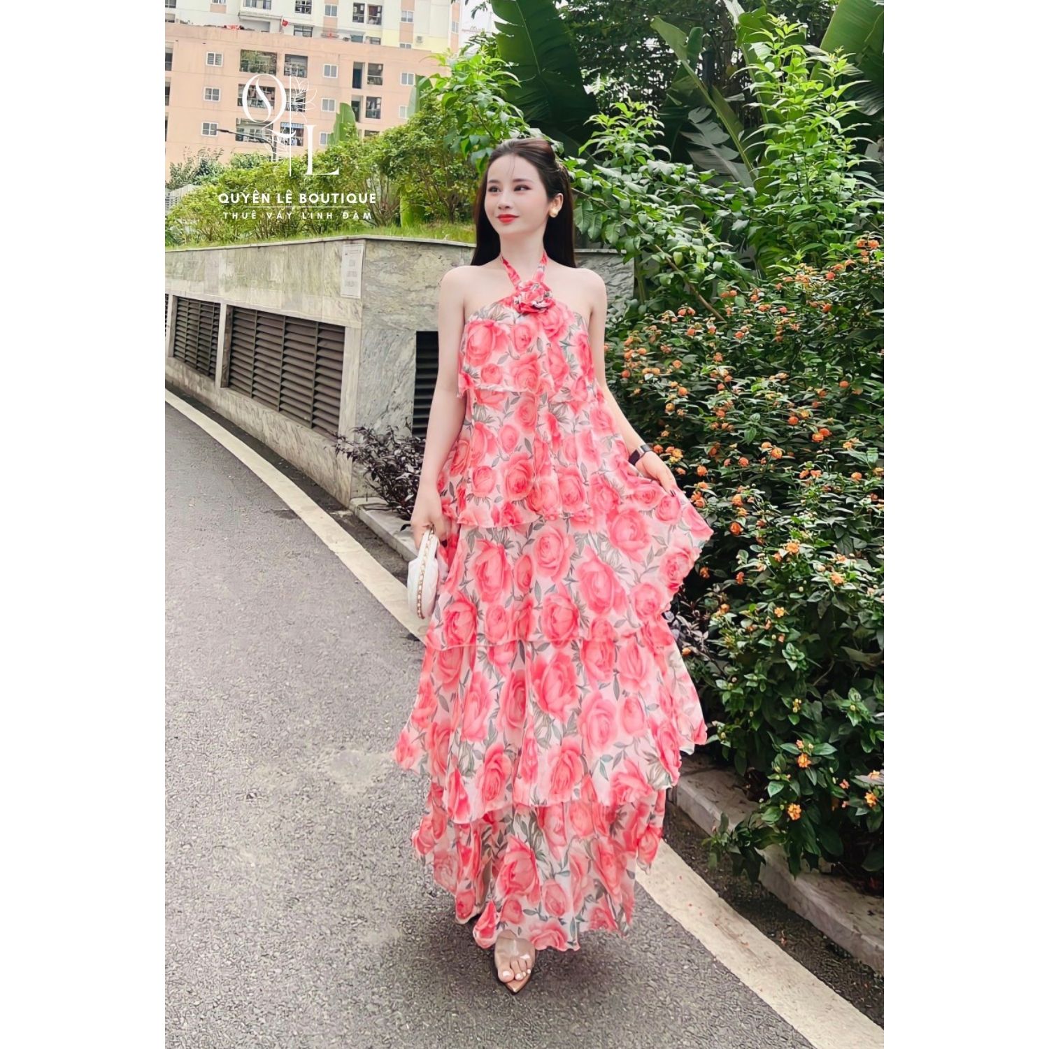 952 Váy du lịch dài hồng hoa hồng yếm