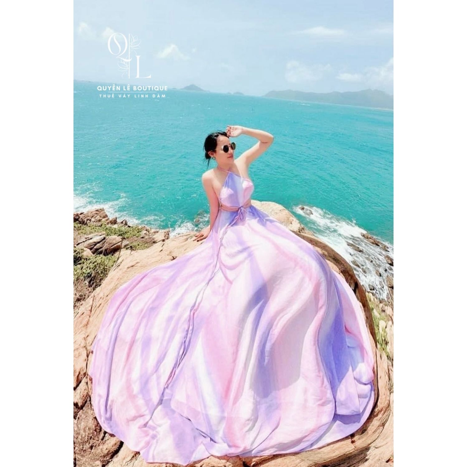 965 Váy du lịch dài hồng tím yếm