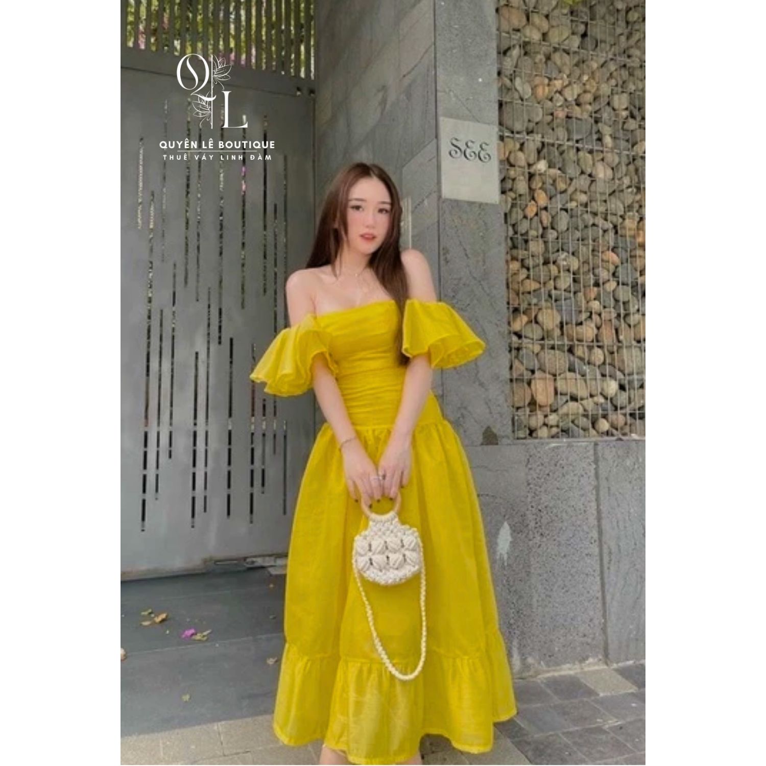 968 Váy du lịch dài set vàng chun bụng tay phồng