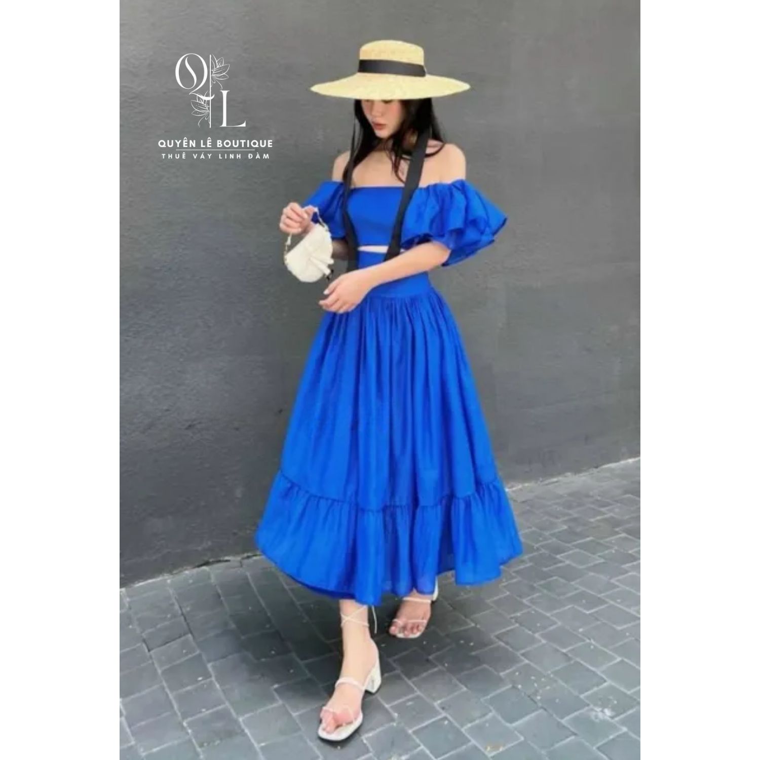 969 Váy du lịch dài set xanh dương đậm chun bụng tay bồng