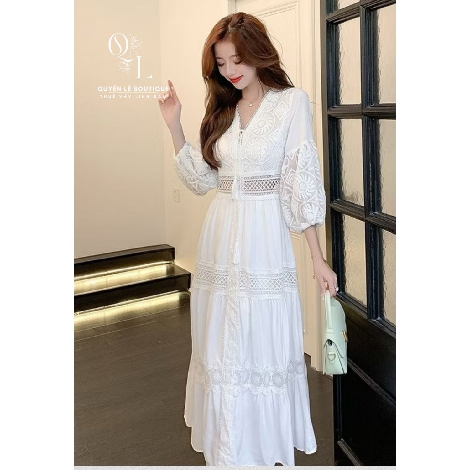 987 Váy du lịch dài trắng cổ V
