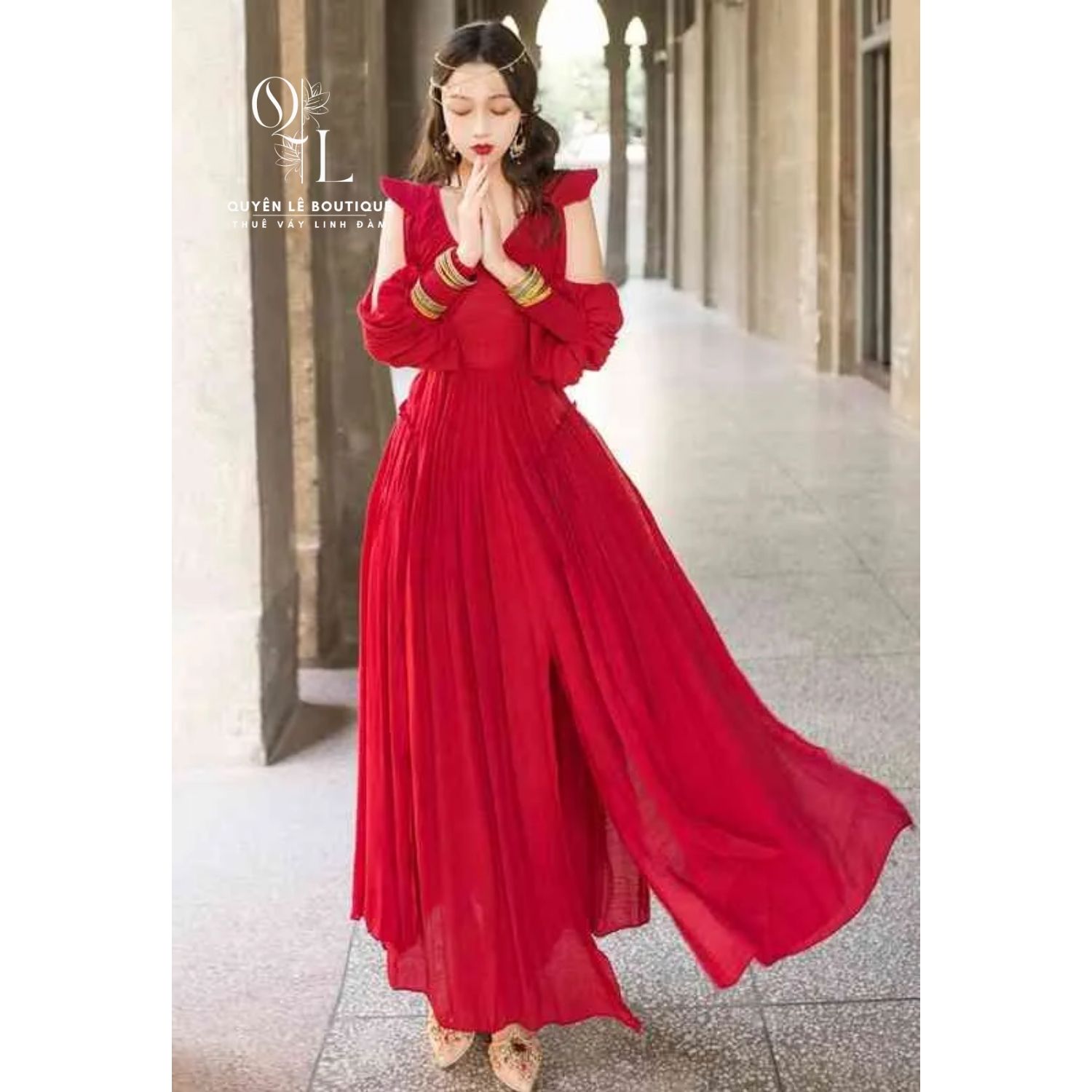 994 Váy du lịch dài đỏ tay xẻ