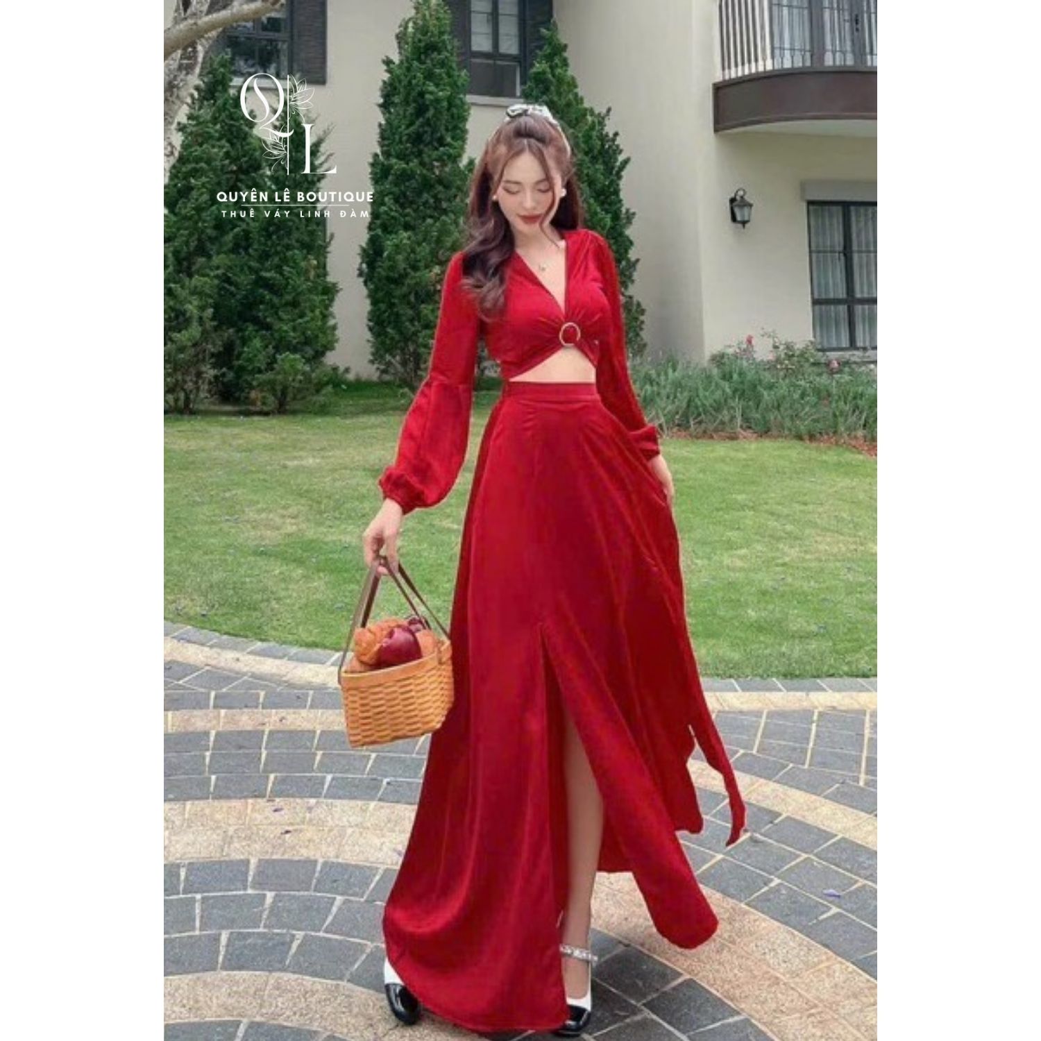998 Váy du lịch dài đỏ xẻ tà tay dài
