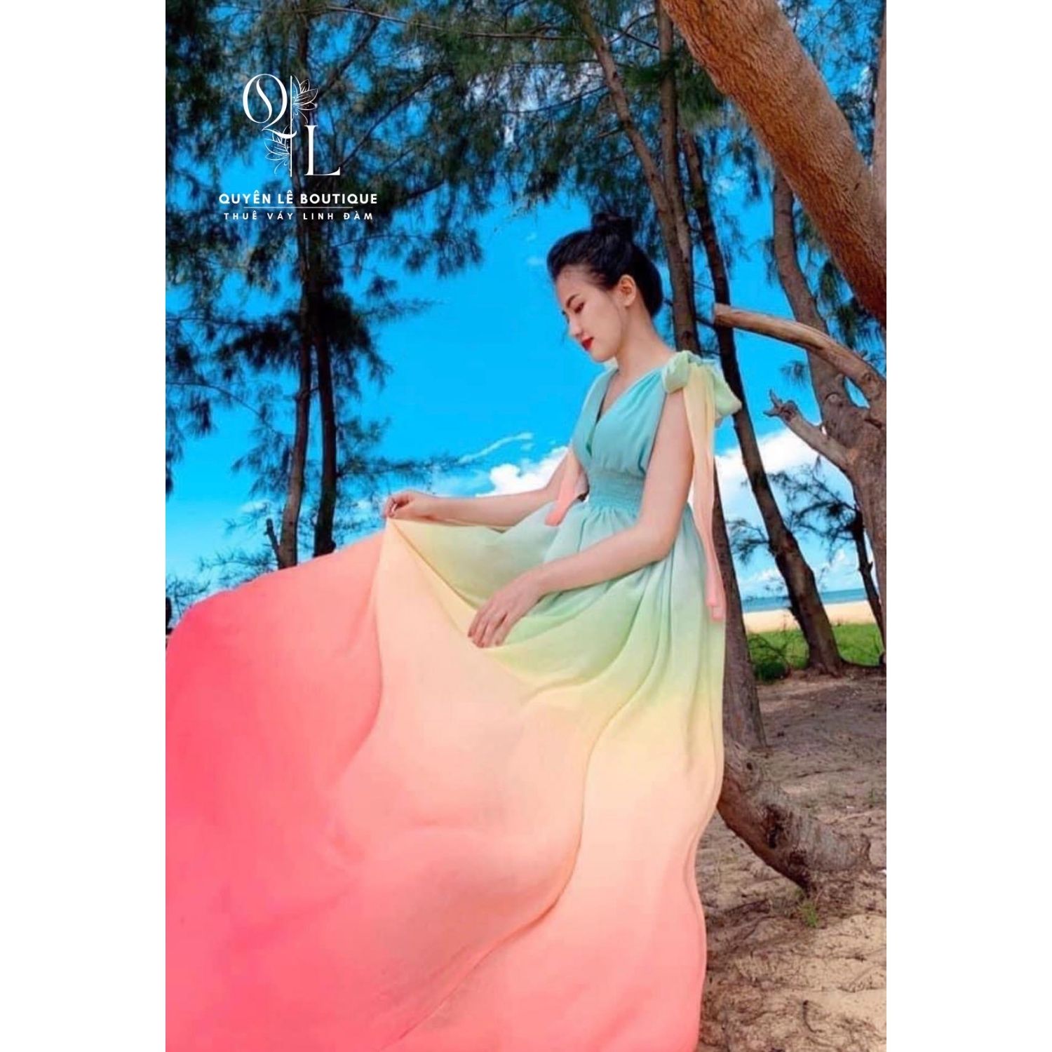 1002 Váy du lịch dài nhiều màu yếm chun eo