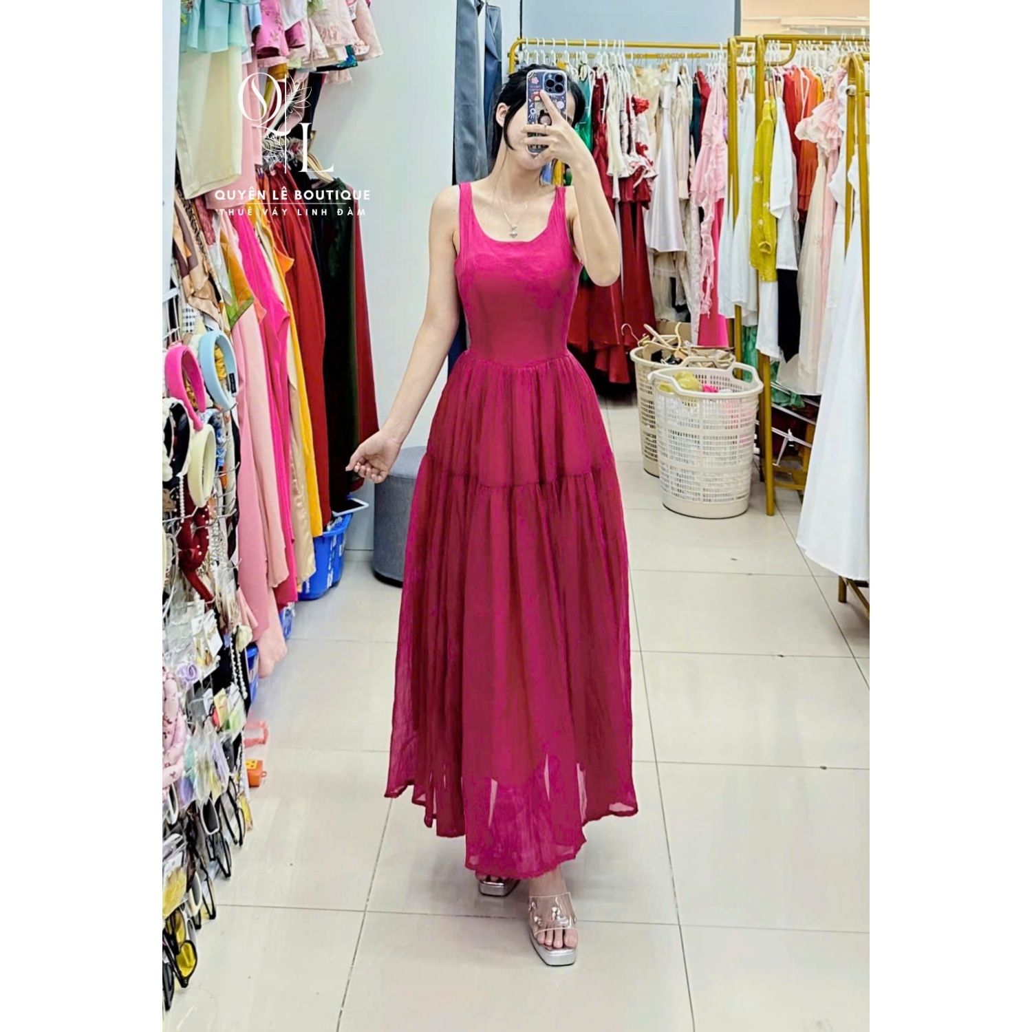 1007 Váy du lịch dài hồng sen 2 dây