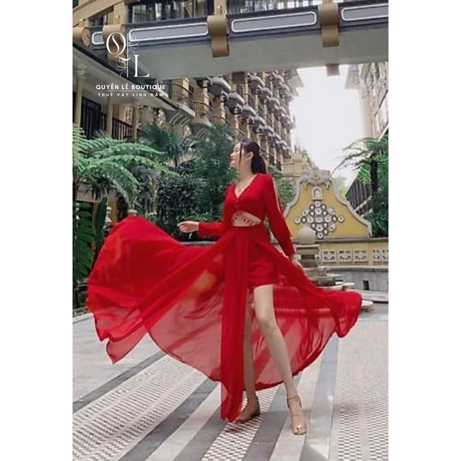 1009 Váy du lịch dài đỏ cổ V khoét eo