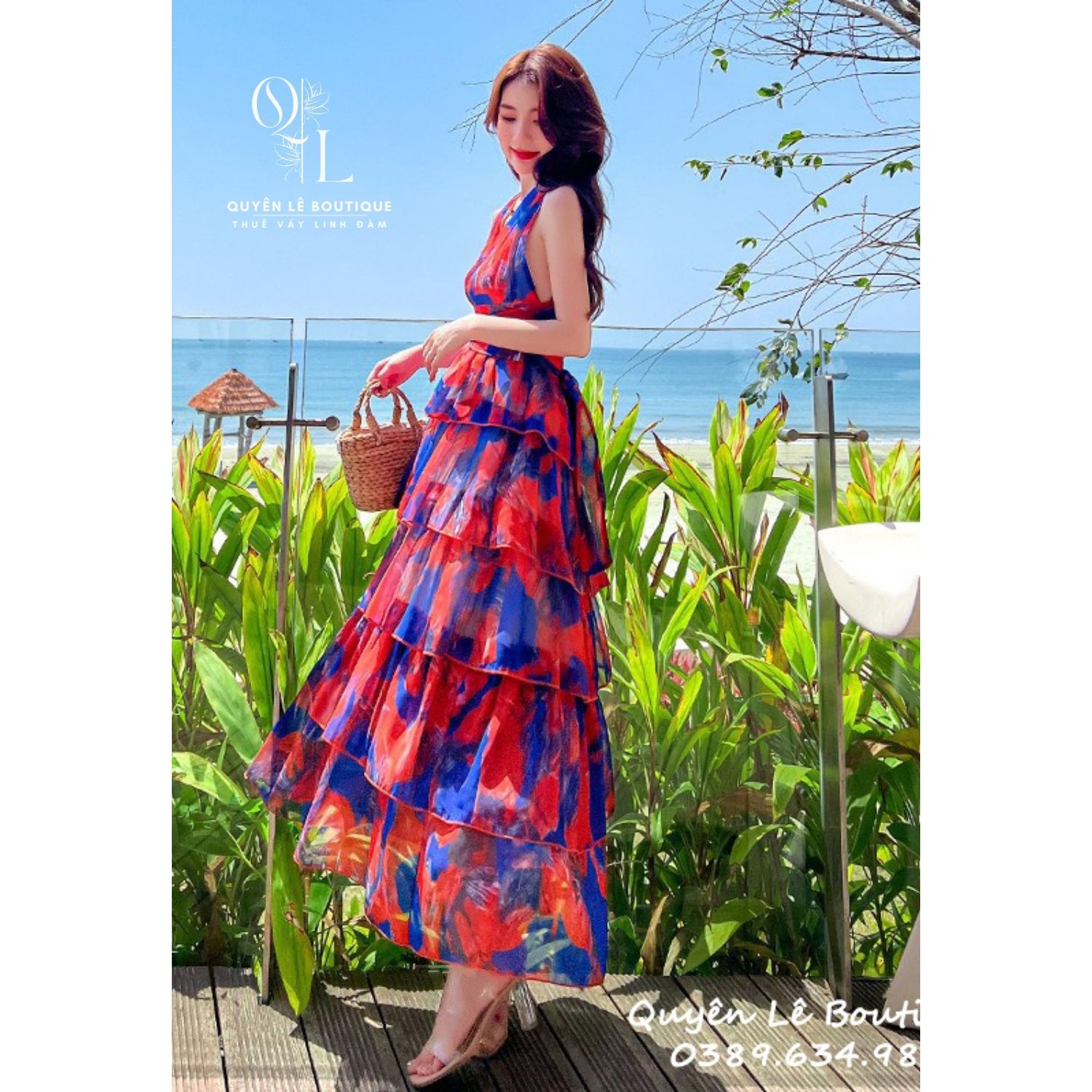 1022 Váy du lịch dài đỏ xanh loang