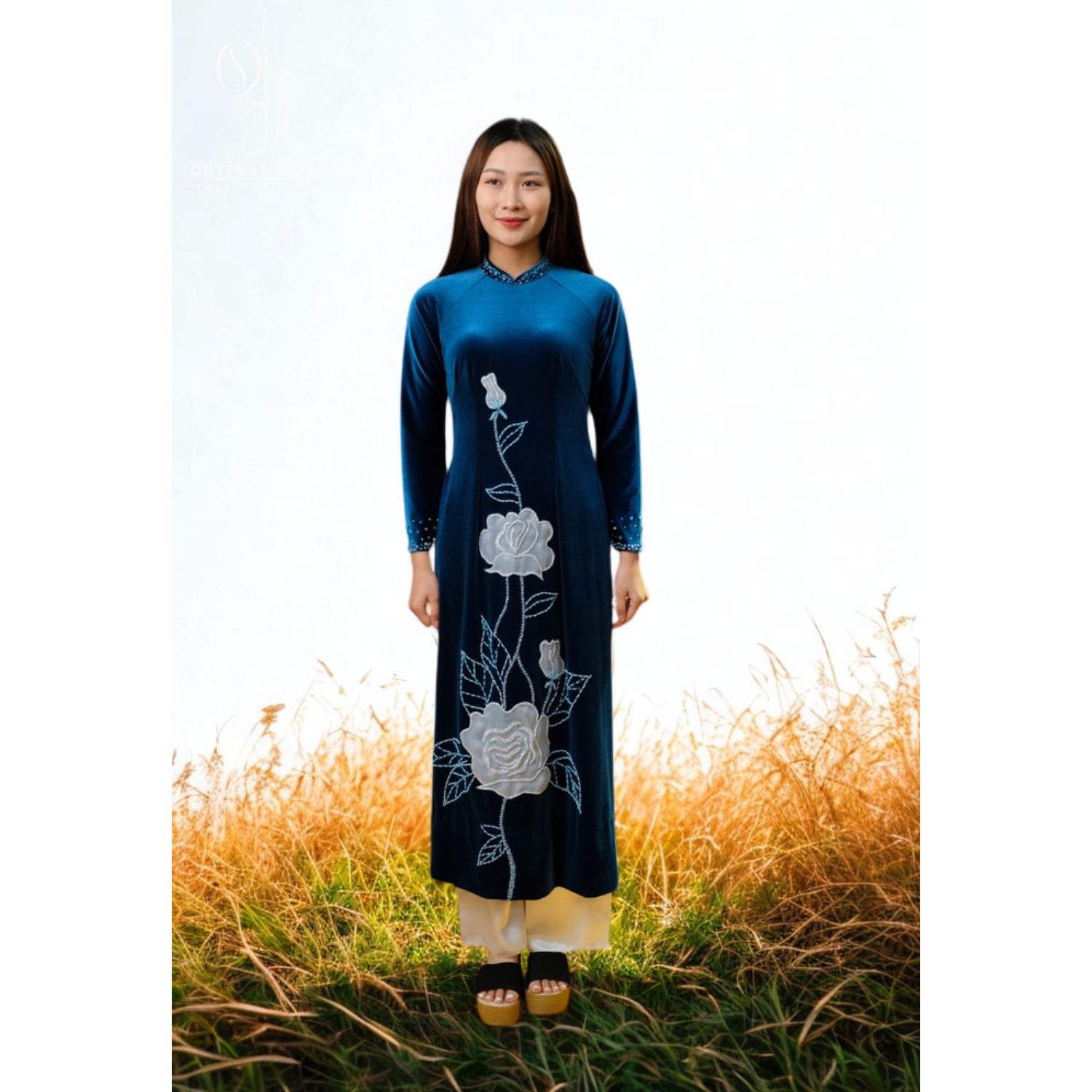 730 Áo dài mẹ xanh nhung size L