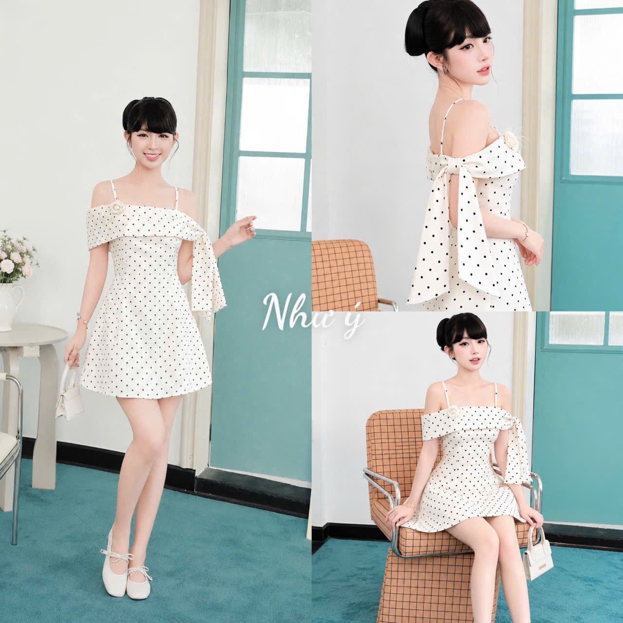 Tn chấm bi trễ vai sz s,m,l