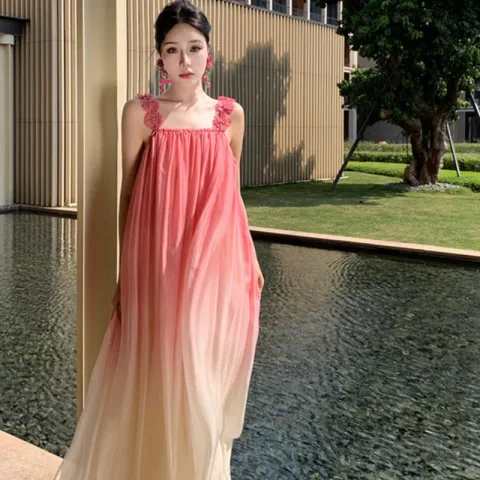1483 Váy du lịch dài hồng loang