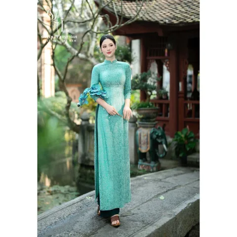 2198 Áo dài xanh gấm truyền thống