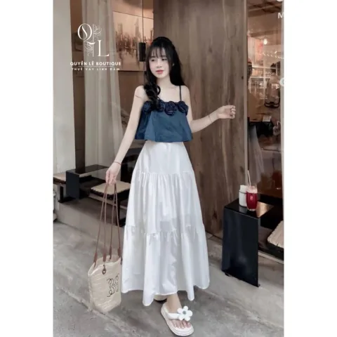 Set váy du lịch xanh trắng