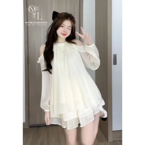 1634 Set váy du lịch ngắn kem