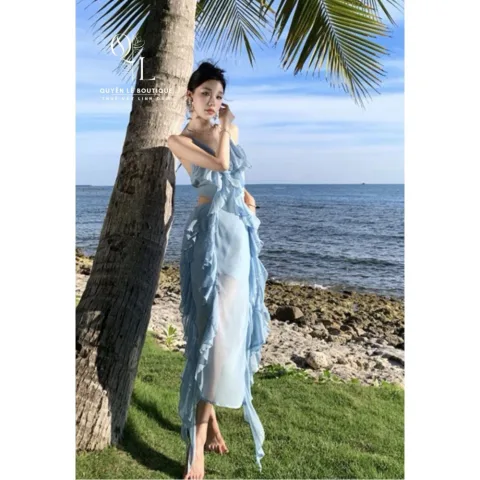 2882 Váy du lịch dài xanh