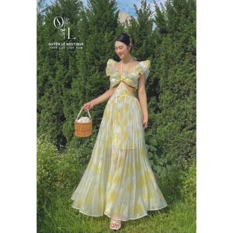 1608 Váy du lịch vàng khoét eo xếp ly