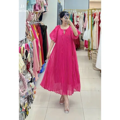 1089 Váy du lịch dài hồng sen xếp ly