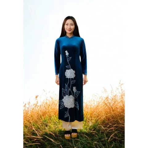 730 Áo dài mẹ xanh nhung size L